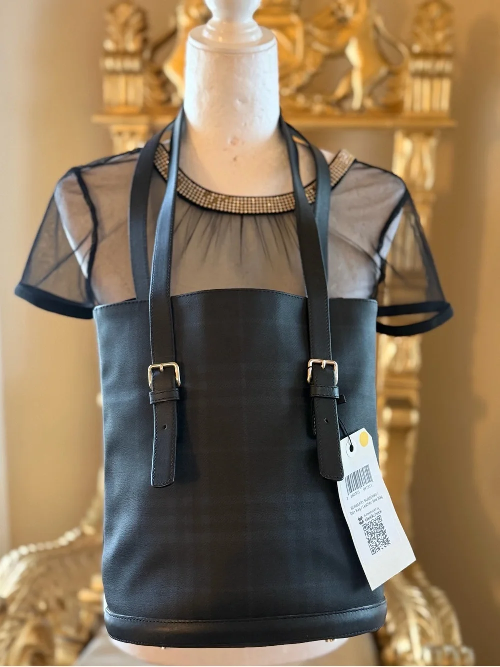 Burberry Black Plaid Leather-Trim Backpack Bucket With Burberry drawstring bag